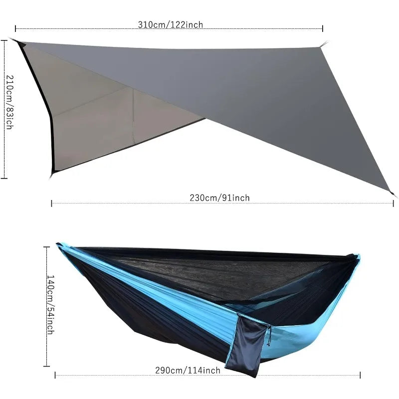 Camping Hammock with Rain Fly Tarp and Mosquito Net Portable Single Double Hammock with Tree Strap