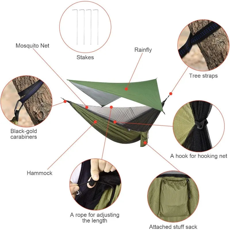 Camping Hammock with Rain Fly Tarp and Mosquito Net Portable Single Double Hammock with Tree Strap