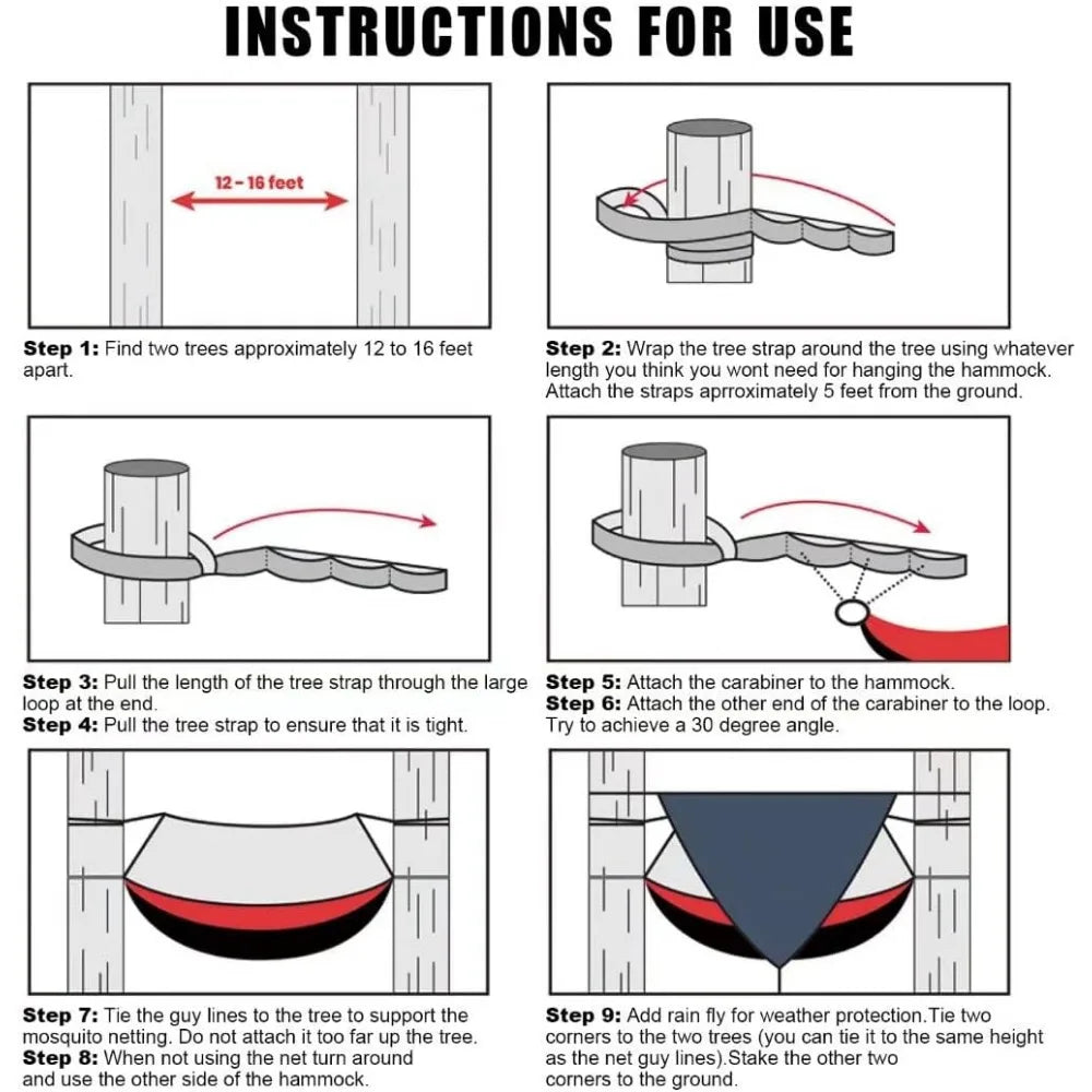 Portable Double Hammock with Net and Rain Fly - Heavy Duty Tree Strap, Bug Net, and Tent Tarp for Travel and Camping