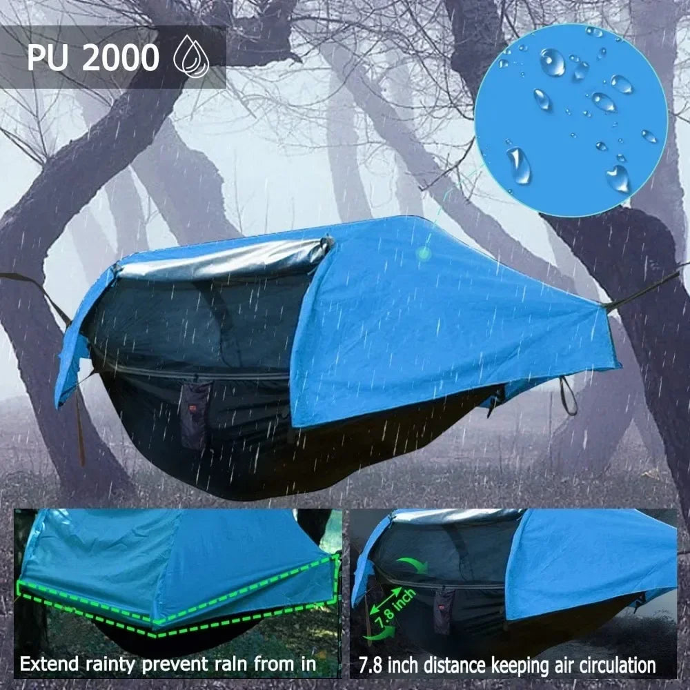 440lbs Camping Hammock for 2 Persons - Lightweight 4-in-1 Backpacking Hammock Tent with Mosquito Net and Rainfly Cover (Blue)