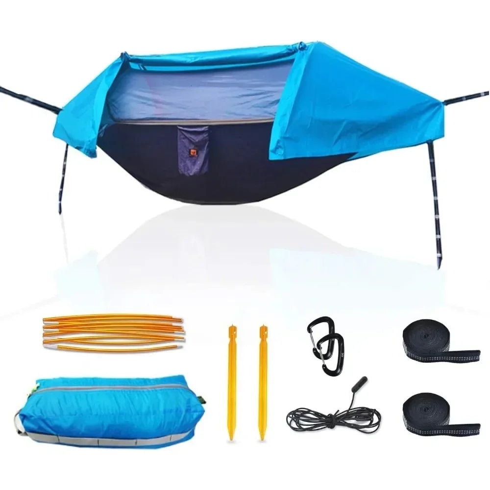 440lbs Camping Hammock for 2 Persons - Lightweight 4-in-1 Backpacking Hammock Tent with Mosquito Net and Rainfly Cover (Blue)