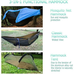 440lbs Camping Hammock for 2 Persons - Lightweight 4-in-1 Backpacking Hammock Tent with Mosquito Net and Rainfly Cover (Blue)