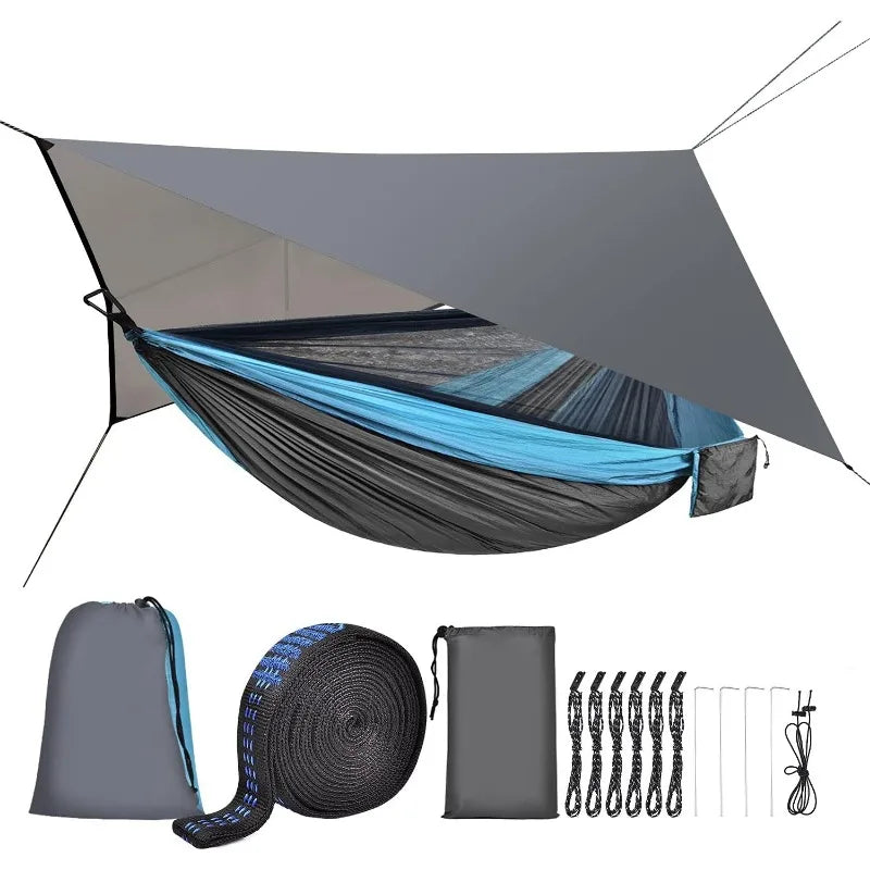 Camping Hammock with Rain Fly Tarp and Mosquito Net Portable Single Double Hammock with Tree Strap