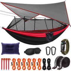 Portable Double Hammock with Net and Rain Fly - Heavy Duty Tree Strap, Bug Net, and Tent Tarp for Travel and Camping