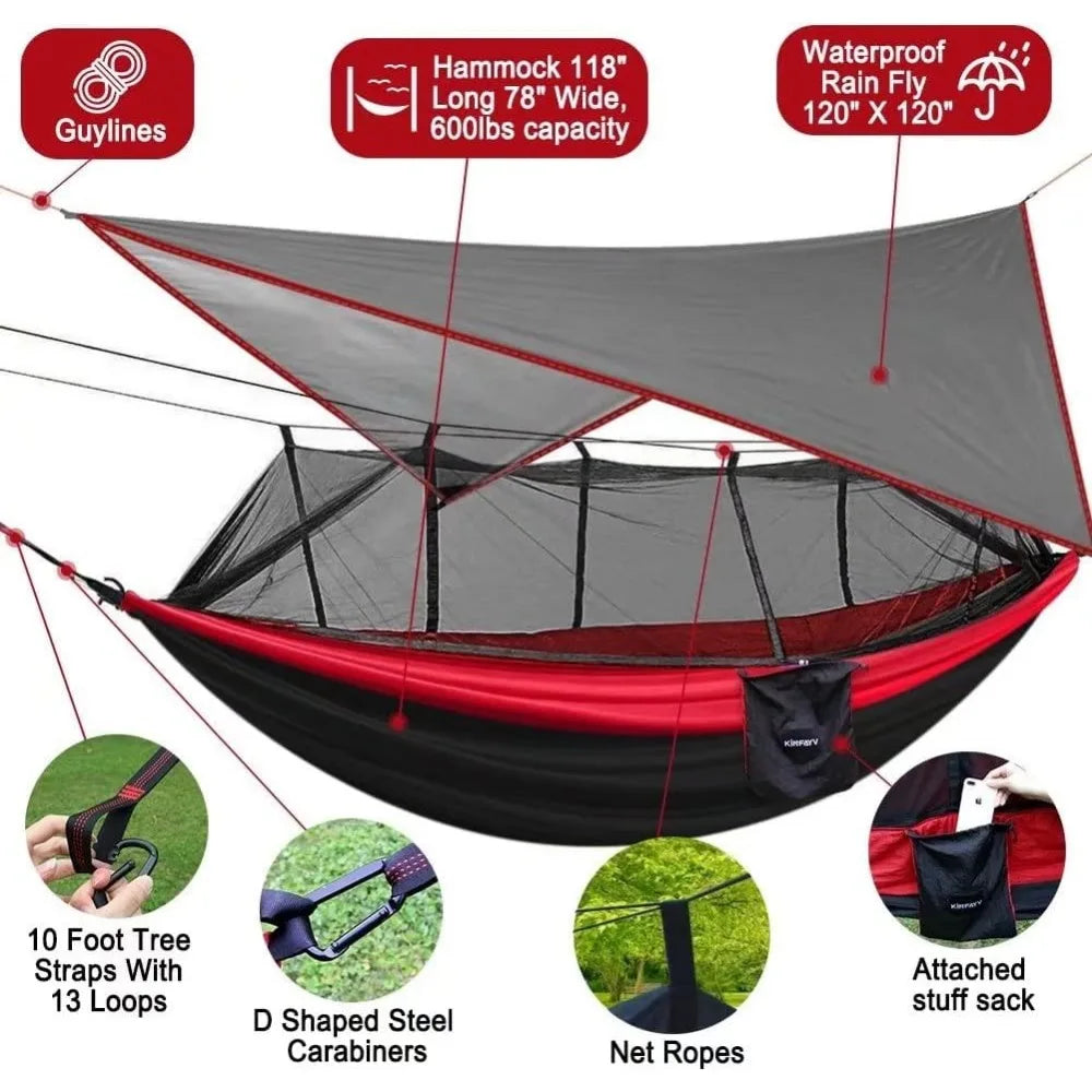 Portable Double Hammock with Net and Rain Fly - Heavy Duty Tree Strap, Bug Net, and Tent Tarp for Travel and Camping